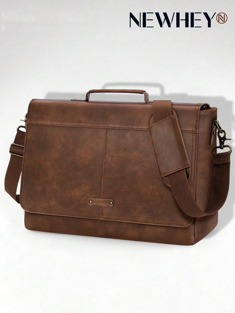 NEWHEY 复古翻盖男士斜挎包，PU皮革笔记本电脑包，15.6英寸防水男士公文包，复古电脑包，适合工作、大学、办公室、旅行等场合，防水男士公文包