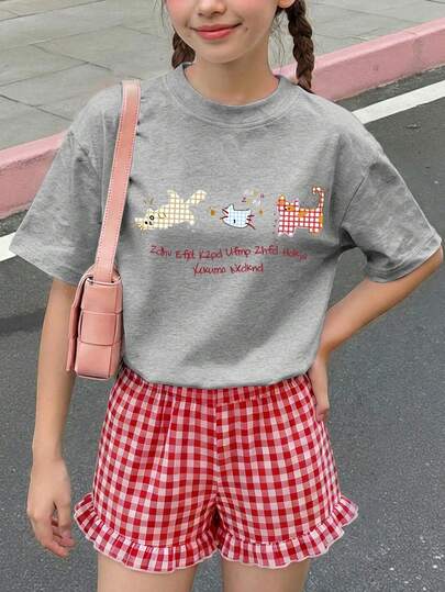 2pcs/Set Girls Cute Top And Shorts Set, Dog Print Pattern Shorts Set, Soft T-Shirt And Red Plaid Shorts Set, Suitable For Spring/Summer Daily Wear