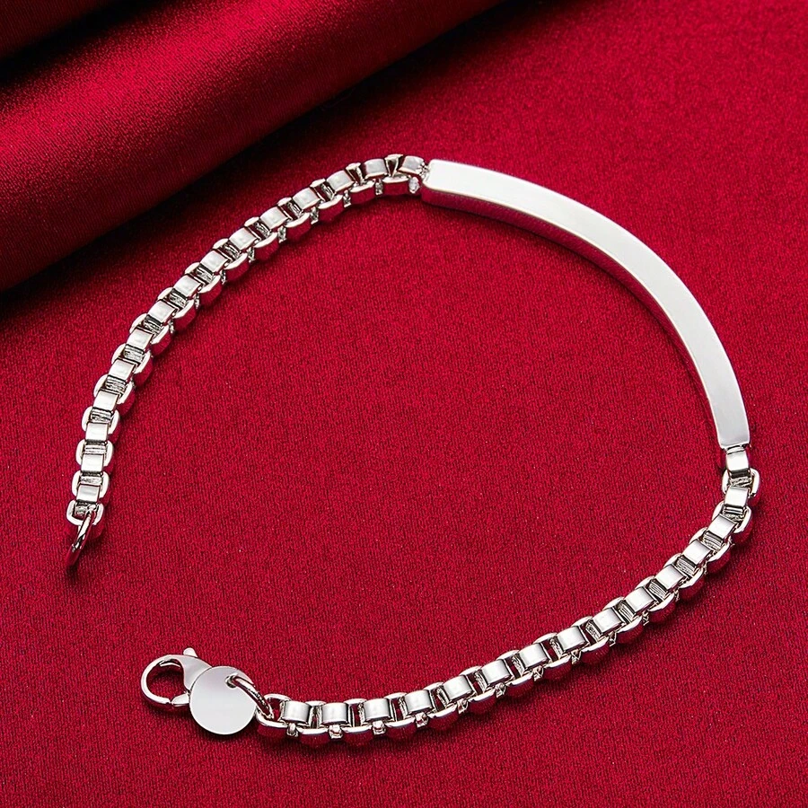 925纯银镀层4毫米盒式链手链，男女皆宜，适合婚礼、订婚、派对等场合佩戴，时尚饰品 - 銀色 - 查看 1