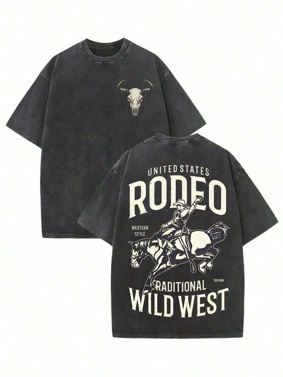 Plus Size Tops, Changes Modelo Cowboy Rope Print T-Shirt, Casual, Heavy Cotton, Summer, Unisex, Free Shipping - 黑色 3 - 查看 1