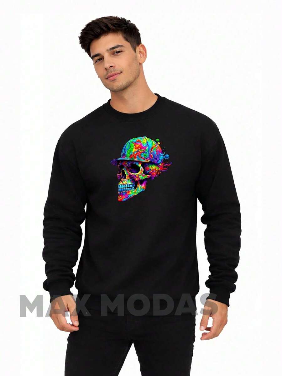 Blusa de Frio Moletom Gola Redonda Caveira Colorida Streetwear Lançamento - Preto - Visão 1