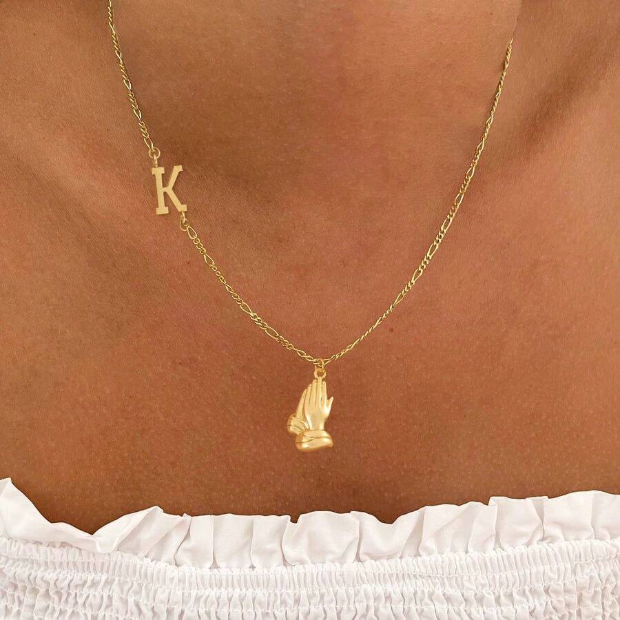 1件新款手形字母吊坠金色不锈钢费加罗链项链，女士款 - 金黃色 - 查看 1