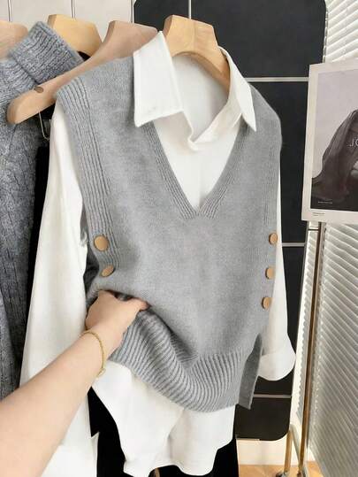 Women's Casual Elegant Fashion Commute Comfortable Office Solid Color Knitted Button V-Neck Sleeveless Cardigan Vest, Suitable For Country Music Festival, Airport, Travel, College, Date, Office, Home, Summer, Spring