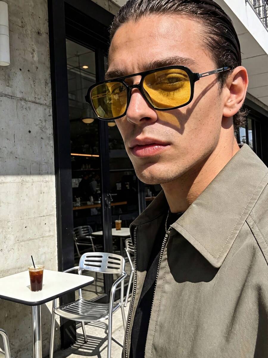 Retro Rectangular Aviator Style Fashion Glasses, Plastic Casual Decorative Daily Wear Unisex - Yellow - View 1