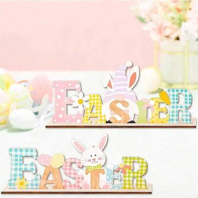 Easter Wooden Tabletop Ornament, Easter Party Table Decorations, Cute Bunny And Dwarf Wooden Letter Ornaments, Colorful Letter Table Decorations, Easter Egg Bunnies, Suitable For Holiday Party Home Table Decorations, Kitchen And Dining Room Table Decorations