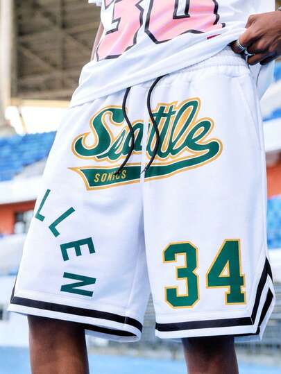 EVRINFINITE NEON DUSK 男士白色字母数字篮球印花休闲宽松抽绳短裤