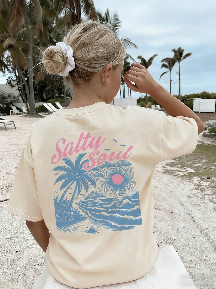 1件女童休闲印花圆领短袖T恤，夏季学生青少年服装 - 波浪、棕榈树、太阳印花T恤，为每个孩子带来欢乐和幸福！Saltu Soul - 杏色 - 查看 1