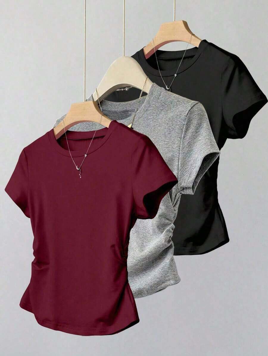 A Simple Solid-Color Short-Sleeved T-Shirt Set For Women, Suitable For Daily Wear And Easy To Match With Various Outfits. Includes 1 Piece - Multicolor 18 - View 1