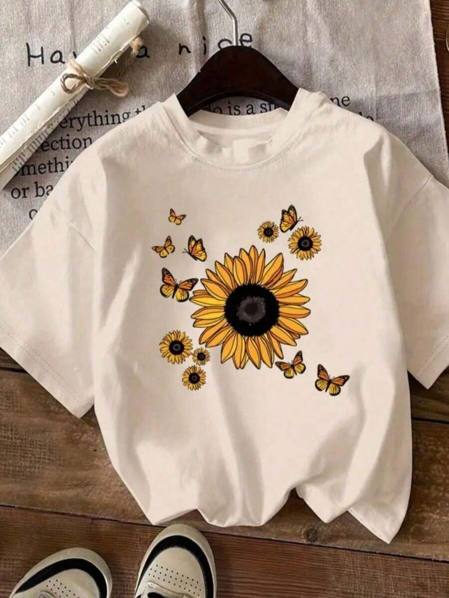 Women's Sunflower Butterfly Shirt, Casual Basic Style, 100% Cotton, Summer Style With Round Neck. - 卡其色 - 查看 1