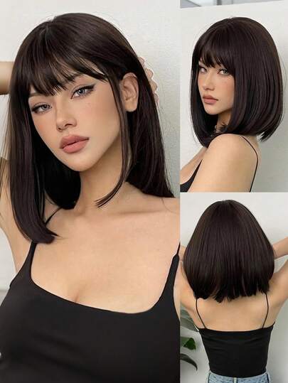 Tóc giả ngắn màu đen nâu, chất liệu tổng hợp, kiểu tóc bob thẳng có mái, chịu nhiệt, thích hợp sử dụng hàng ngày, trong các dịp cosplay và tiệc tùng.