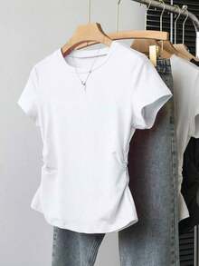 A Simple Solid-Color Short-Sleeved T-Shirt Set For Women, Suitable For Daily Wear And Easy To Match With Various Outfits. Includes 1 Piece - 白色 - 查看 4
