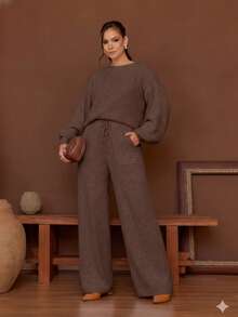 Women's Long-Sleeved Mousse Knit Set, Women's Winter Clothing, Tailored Pants - 鏽棕色 - 查看 3