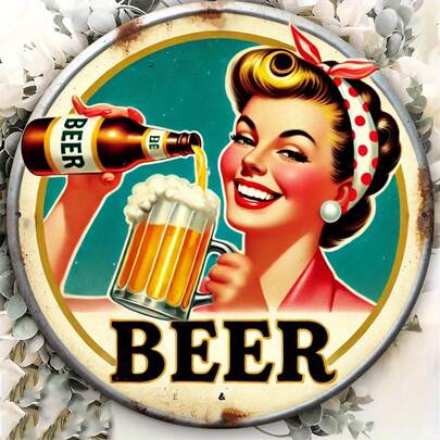 1pc 2D Flat, Integrated Vintage Beer Themed Printed Iron Sign, Round Wall Decor, Suitable For Bar, Cafe, Club, Kitchen - Perfect Gift For 11 Holidays, 2D Flat, Holes Reserved As Size Shown