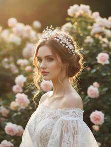 1PC Romantic White Flower & Faux Pearl Bridal Tiara, Elegant Rhinestone Floral Hair Crown With Combs, Fairy Style Wedding Hair Accessories For Bride & Prom - Gold - View 8