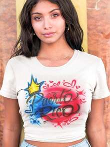 2026 New Arrival Summer Women's Puerto Rico Airbrush Graphic Crop Top, White Crew Neck Short Sleeve Cropped T-Shirt, Retro Flag Color Crown Heart Print Slim Fit Top For Vacation & Casual Outfits,Tops For Women,Camiseta De Calle Para Mujer - White - View 1