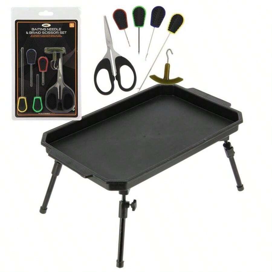 Fishing Bivvy Table With Folding Extendable Legs + 6 Baiting Tools Carp Tackle - 44cm X 27cm X 18-23cm - View 1