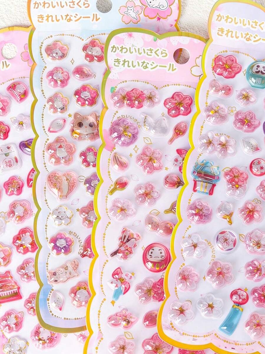 Pegatinas 3D de Sakura de dibujos animados lindas - Patrón de Sakura de color claro, adecuado para decorar fundas de teléfono, cuadernos, genial para manualidades, pegatinas divertidas, expansión de diario, pegatinas 3D, pegatinas de diario, pegatinas decorativas, pegatinas de papelería - Multicolor - Ver 1