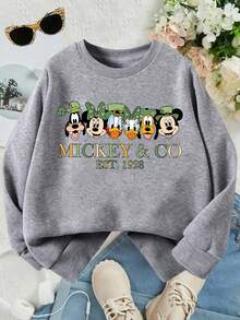 This Disney Girls' Sweatshirt Features A Creative St. Patrick's Day Themed Print Of Mickey Mouse And His Friends. It's A Crew Neck Sweatshirt Perfect For Autumn And Winter, Made Of Soft And Comfortable Fabric, Suitable For Everyday Wear, Shopping, School, And Casual Occasions. It Also Makes A Wonderful Gift. - Grey - View 2