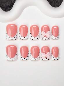 10片方形手工美甲贴片，Y2K 酷炫风格，裸色和白色法式贴片，波点、蝴蝶结装饰，闪亮美甲贴片，适合派对、婚礼、日常佩戴，包含工具包，是送给女性和女孩的绝佳礼物。 - 彩色 - 查看 2