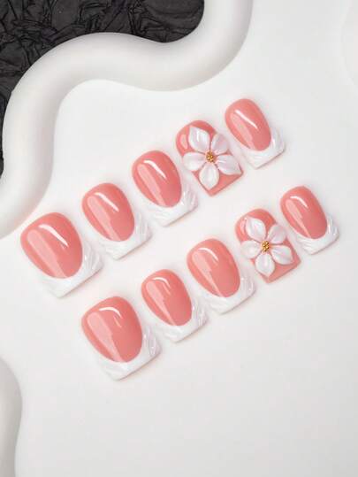 10片方形手工美甲贴片，Y2K 酷炫风格，裸色和白色，法式贴片搭配花卉图案，适合女性和女孩，包含工具，可用于派对、婚礼、日常佩戴，是送给女士的绝佳礼物。