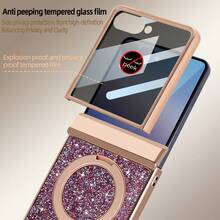 Shockproof Shiny Glitter Electroplated Hidden Circular Bracket Phone Case With Tempered Glass Screen Protector Compatible With Samsung Galaxy Z Flip 7/6 Foldable Phone Full Protection Birthday Gift - Purple - View 3
