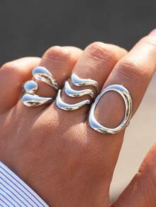 Frminee 3pcs/Set Stackable Geometric Silver Stainless Steel Ring Set, Women Daily Wear Jewelry, Everyday Accessory And Gift - Silver Style 3 - View 4