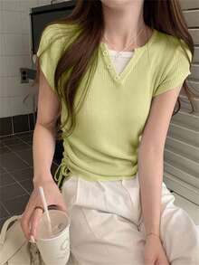 2-In-1 Knit Short Sleeve T-Shirt, Women Summer Lightweight Design Cinched Waist Top - Green - View 4