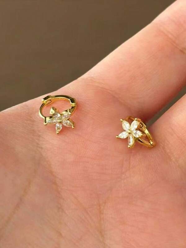 1 Pair S925 Sterling Silver Minimalist Cubic Zirconia Flower Earrings, Low Allergy, Sweet & Cute, Elegant Luxury, Suitable For Daily Wear, Great Gift For Christmas Or Mother's Day