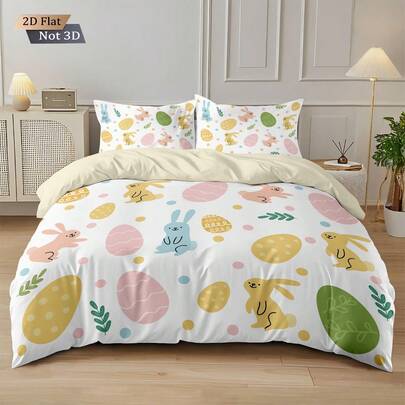 3pcs Easter Bunny & Floral Print Duvet Cover Set, Includes 1 Duvet Cover And 2 Pillow Shams, Ultra Soft And Comfortable Material Suitable For Cozy Bedroom, Easy Care Machine Washable Bedding Set For All Occasions, Minimalist, Elegant, Luxury, Romantic, Couple Essential, Zipper Closure, Bedroom Decor, Gift Idea, Suitable For Hotel, Bedroom, Guest Room And Dormitory