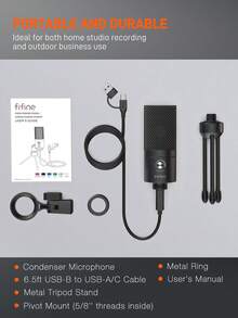 USB麦克风，带增益控制的录音麦克风，金属电容麦克风，适用于笔记本电脑、Windows系统、音乐工作室、直播、播客，心形指向性，是人声录制的理想选择 - FIFINE K669B - 黑色 - 查看 10