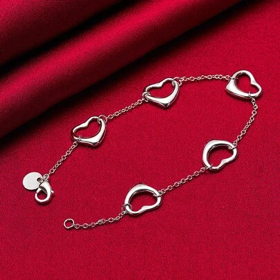 Pulsera de cadena de cinco corazones plateada en plata de ley 925 para mujer, joya de moda para boda, compromiso y fiesta