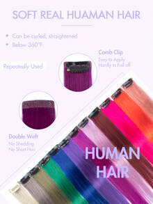 Rainbow-Colored Hair Clips With Real Human Hair Pieces, Featuring A Silky, Invisible Texture And Soft, Superior Quality. Available In 12 Colors, Equipped With Stable And Comfortable Hair Clips, And Easy To Install. Highly Cost-Effective And High-Quality Real Human Hair Pieces, Ideal For Stage Performances And Shows. - Multicolor - View 5