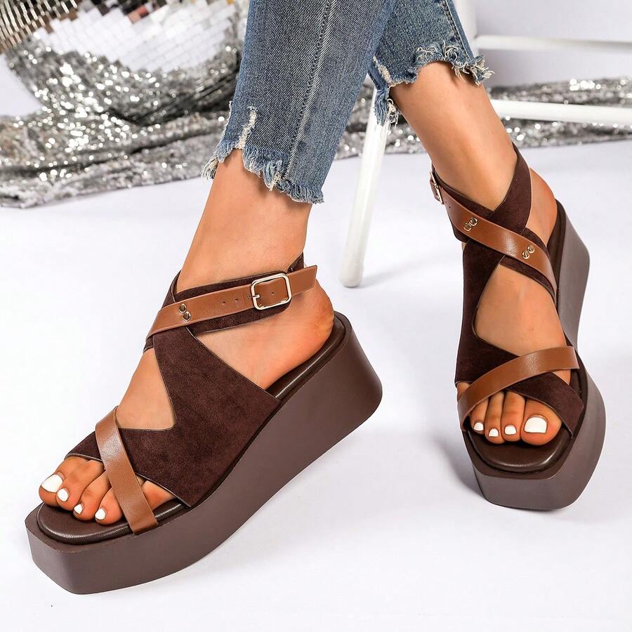 Women's Cross Strap Platform Wedge Sandals With Ankle Buckle - COFFEE - View 1