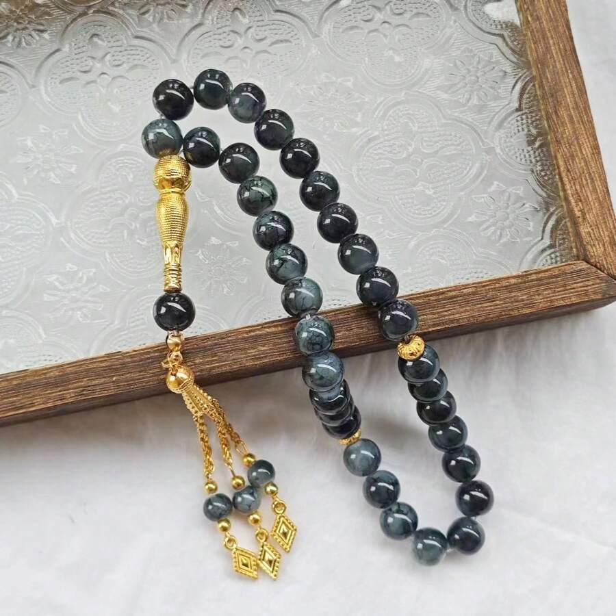 33颗10毫米大花珠金色流苏玻璃手链，穆斯林日常祈祷念珠 - 彩色 - 查看 1