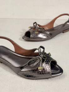 Women's Open Flat Sandal, Delicate, Comfortable, Lizard, Old Silver - 灰色 - 查看 2