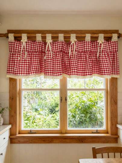 1 pieza, cortina corta de ganchillo a cuadros rojos y blancos con decoración de lazo de encaje de algodón hueco, adecuada para ventanas pequeñas de cocina y del hogar