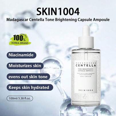 SKIN1004 100ml 马达加斯加积雪草亮肤安瓶胶囊，舒缓保湿亮肤，适合敏感肌肤，深层清洁，不干燥配方，便携使用，无残留，妆前打底，适合易长痘肌肤，韩国化妆品，100ml/3.38 液体盎司。