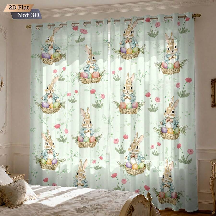 2片装复活节主题窗帘(双面):彩色可爱兔子、复活节彩蛋、花朵图案印花遮光窗帘 - 适用于客厅和卧室,采用涤纶面料制成,可机洗,家居装饰,充满春天的活力和浪漫的氛围。 - 1825+90DCL - 查看 1