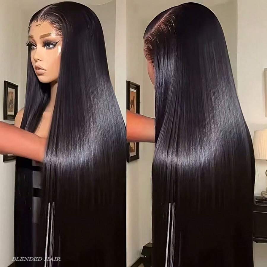 32英寸直发蕾丝前假发，升级版13x4高清透明蕾丝前假发，自然发际线，巴西原生发蕾丝前假发，5x5免胶佩戴，200%密度，1B黑色，预先拔毛，带婴儿发，混合假发 - 自然色&黑色系 - 查看 1