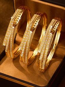 1/2/3pcs Classic Triple Triangle Cubic Zirconia Decor Gold Tone Bangle Bracelet, 60mm Diameter, Openable, Suitable For Daily Wear, No Packaging - Gold - View 9