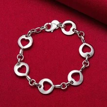 925纯银镀层全心形六圈链手链，女士婚礼订婚时尚首饰 - 銀色 - 查看 2