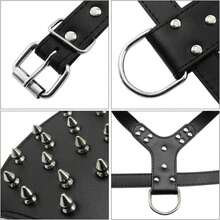 Serijoars Leather Spiked Dog Harness And Collar Set - Suitable For Large Breeds Pit Bull Terriers, Labradors, Dobermans - Durable Leather Harness And Collar Leash 3Pcs Set (Studs Gold Brown, XL) - ColorJ - 查看 4