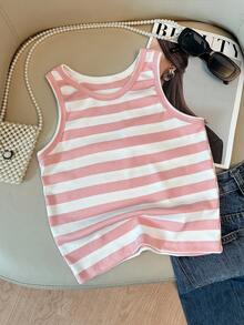 3pcs Tween Girl Sleeveless Tank Top Set, Breathable Casual Summer, Back To School, Spring, Summer, Autumn, Winter, Striped, American Style - Pink - View 3