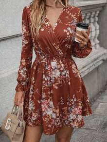 Women's Long-Sleeved, Wrap-Neck, Floral Print Mini Dress , 30775 - Multicolor - View 1
