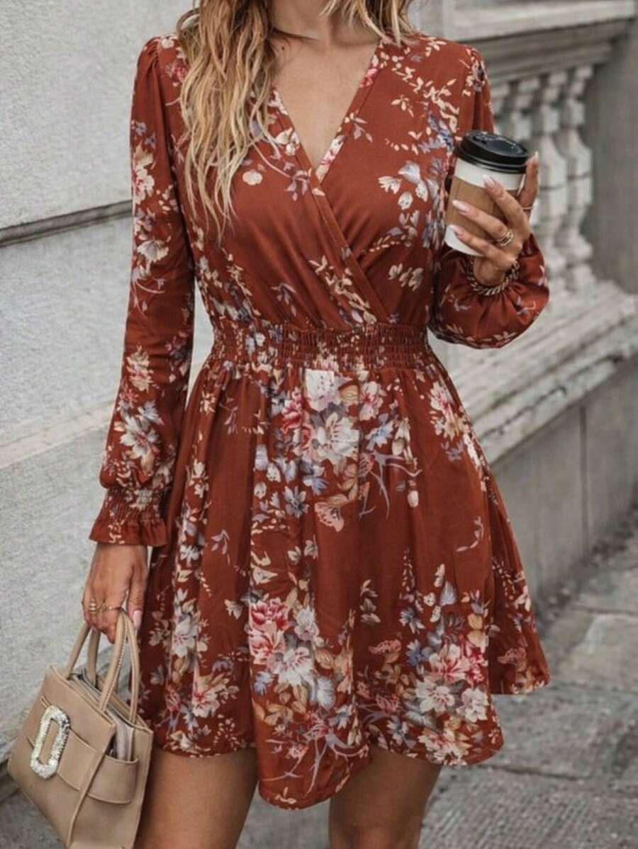 Women's Long-Sleeved, Wrap-Neck, Floral Print Mini Dress , 30775 - Multicolor - View 1