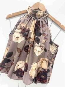 Stylish Women's Floral High Neck Blouse - Coffee Brown - View 2