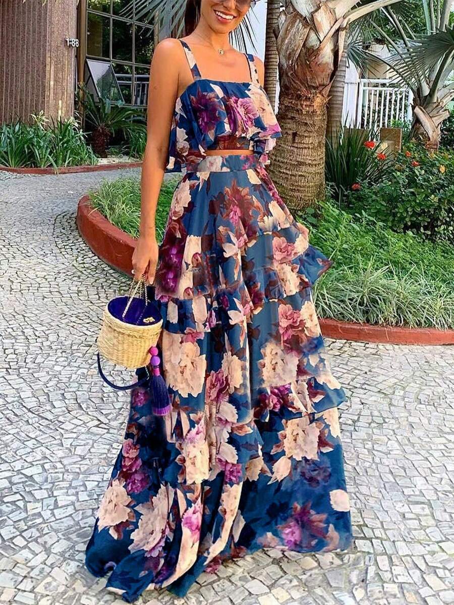 女士春夏波西米亚风沙滩度假印花吊带背心搭配松紧腰长裙两件套，荷叶边吊带背心和长裙波西米亚休闲套装，沙滩裙 - 中等水洗藍 - 查看 1