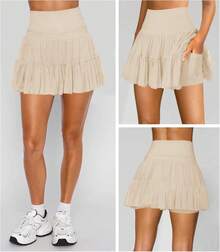Women's Mini Skirt Skort Flowy Pleated High Waisted Ruffle Tennis Skirts For Women Athletic Skater Golf With Shorts Pockets - Màu be - Xem 2