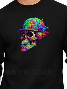 Blusa de Frio Moletom Gola Redonda Caveira Colorida Streetwear Lançamento - Preto - Visão 2