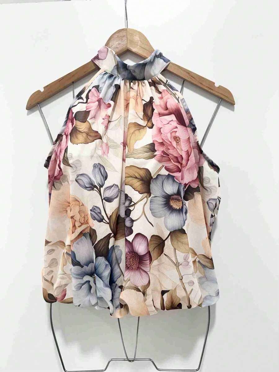 Stylish Women's Floral High Neck Blouse - 紅白色 - 查看 1